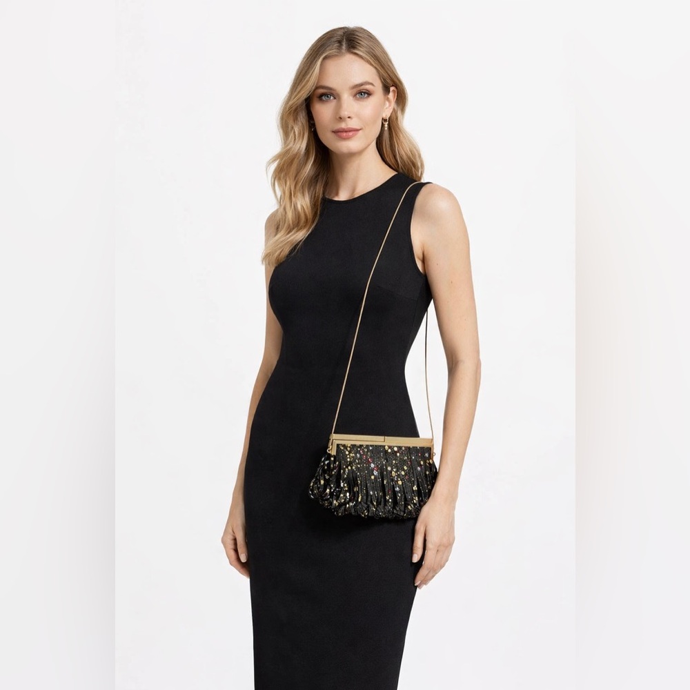 Katherine Kwei Statement Fringe Crossbody Evening Bag with Gold Chain Strap